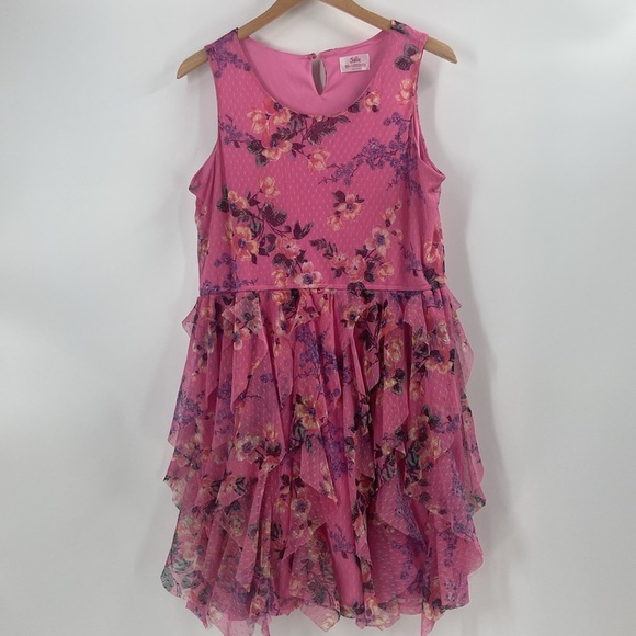 Justice pink flouncy multi print floral tiered feminine flirty dress - Picture 5 of 15
